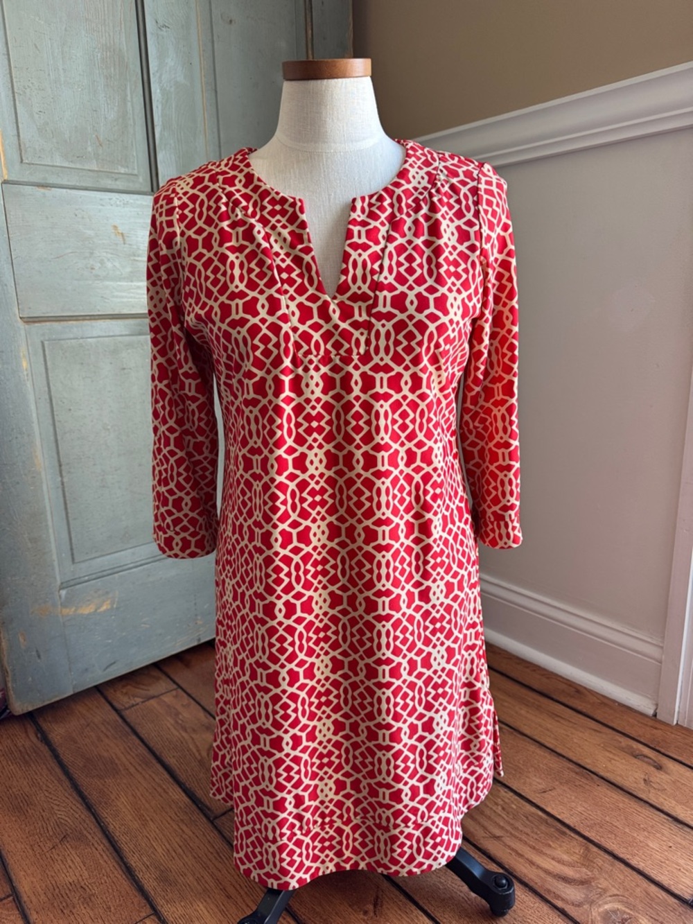 Jude Connally Red and Cream Geometric Tunic Dress